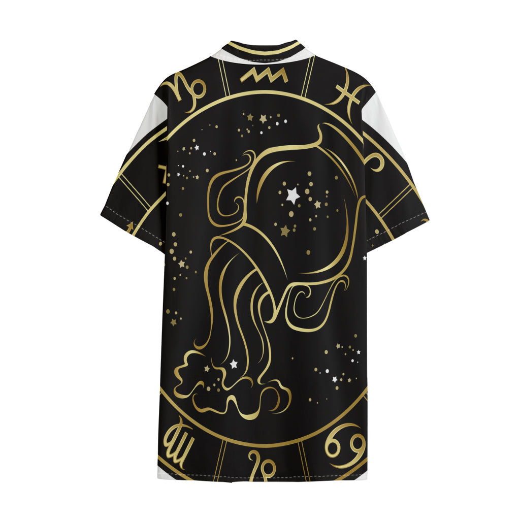 Gold And Black Aquarius Sign Print Cotton Hawaiian Shirt