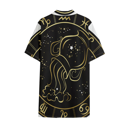 Gold And Black Aquarius Sign Print Cotton Hawaiian Shirt