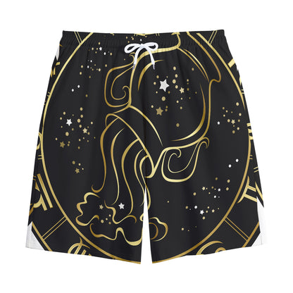 Gold And Black Aquarius Sign Print Cotton Shorts
