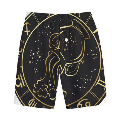 Gold And Black Aquarius Sign Print Cotton Shorts