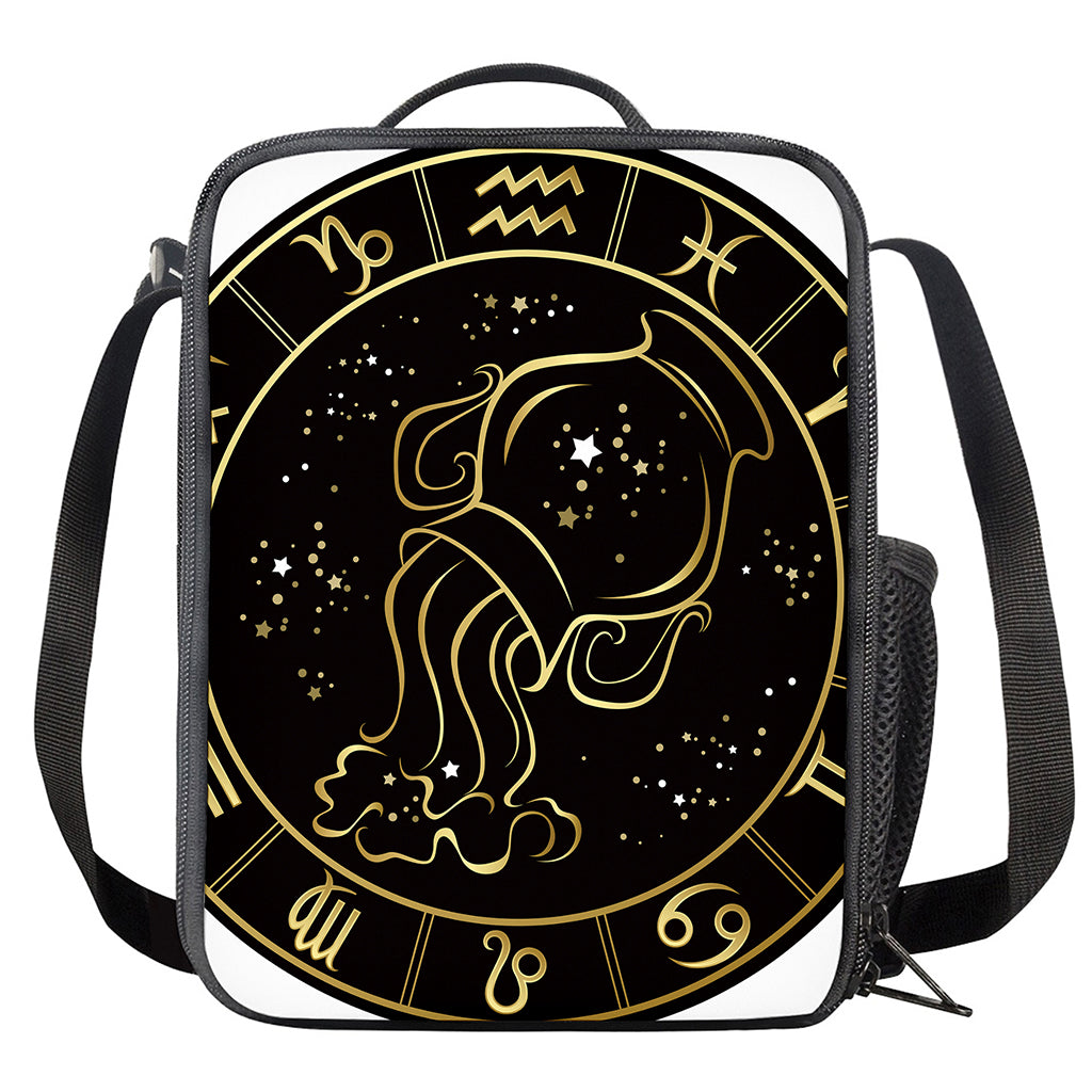 Gold And Black Aquarius Sign Print Crossbody Lunch Bag