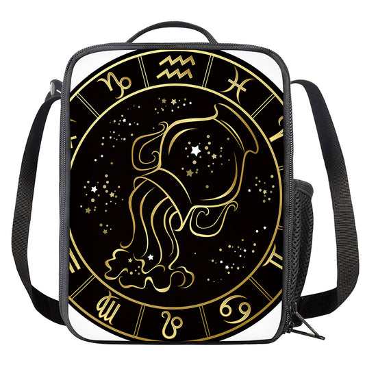 Gold And Black Aquarius Sign Print Crossbody Lunch Bag