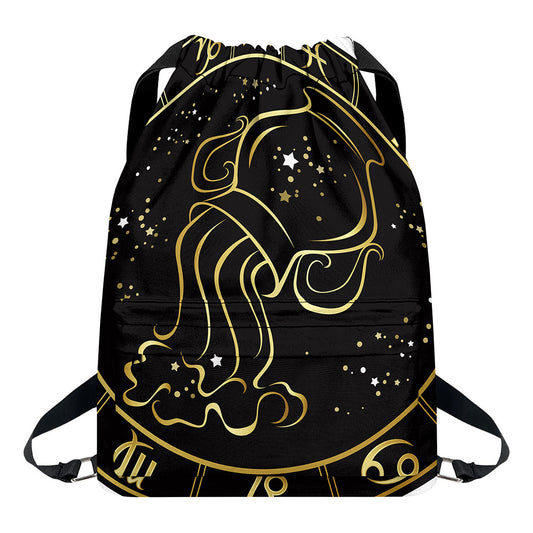 Gold And Black Aquarius Sign Print Drawstring Backpack