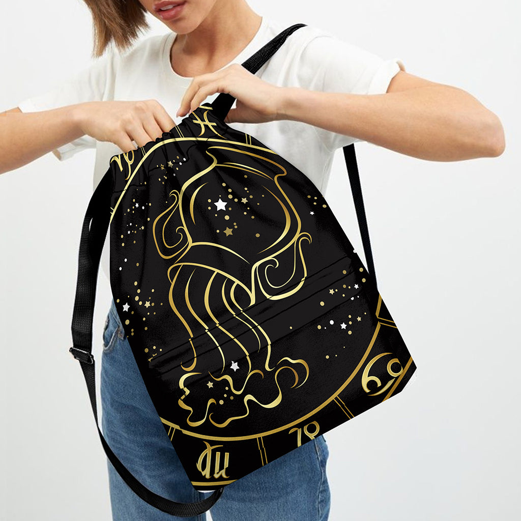Gold And Black Aquarius Sign Print Drawstring Backpack