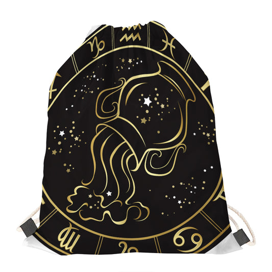 Gold And Black Aquarius Sign Print Drawstring Bag