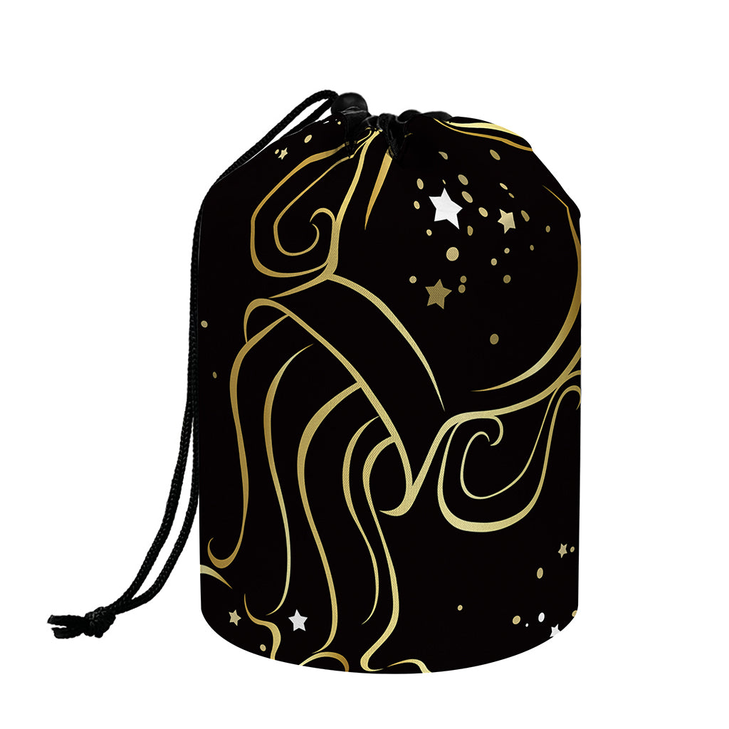Gold And Black Aquarius Sign Print Drawstring Makeup Bag