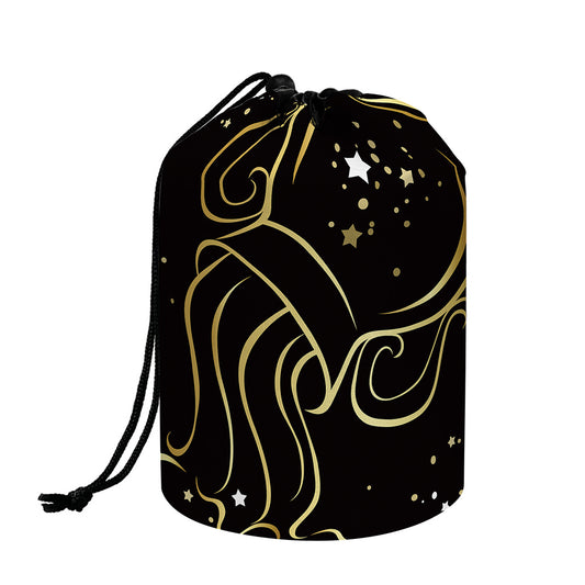 Gold And Black Aquarius Sign Print Drawstring Makeup Bag