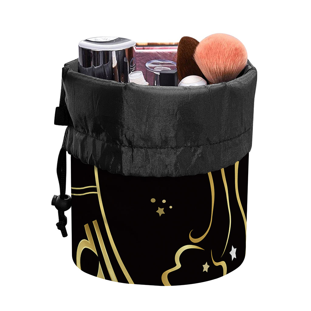 Gold And Black Aquarius Sign Print Drawstring Makeup Bag