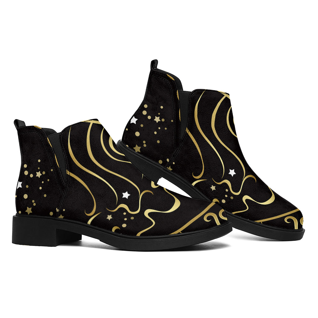 Gold And Black Aquarius Sign Print Flat Ankle Boots