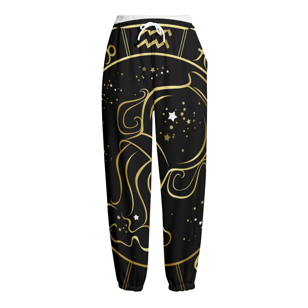 Gold And Black Aquarius Sign Print Fleece Lined Knit Pants