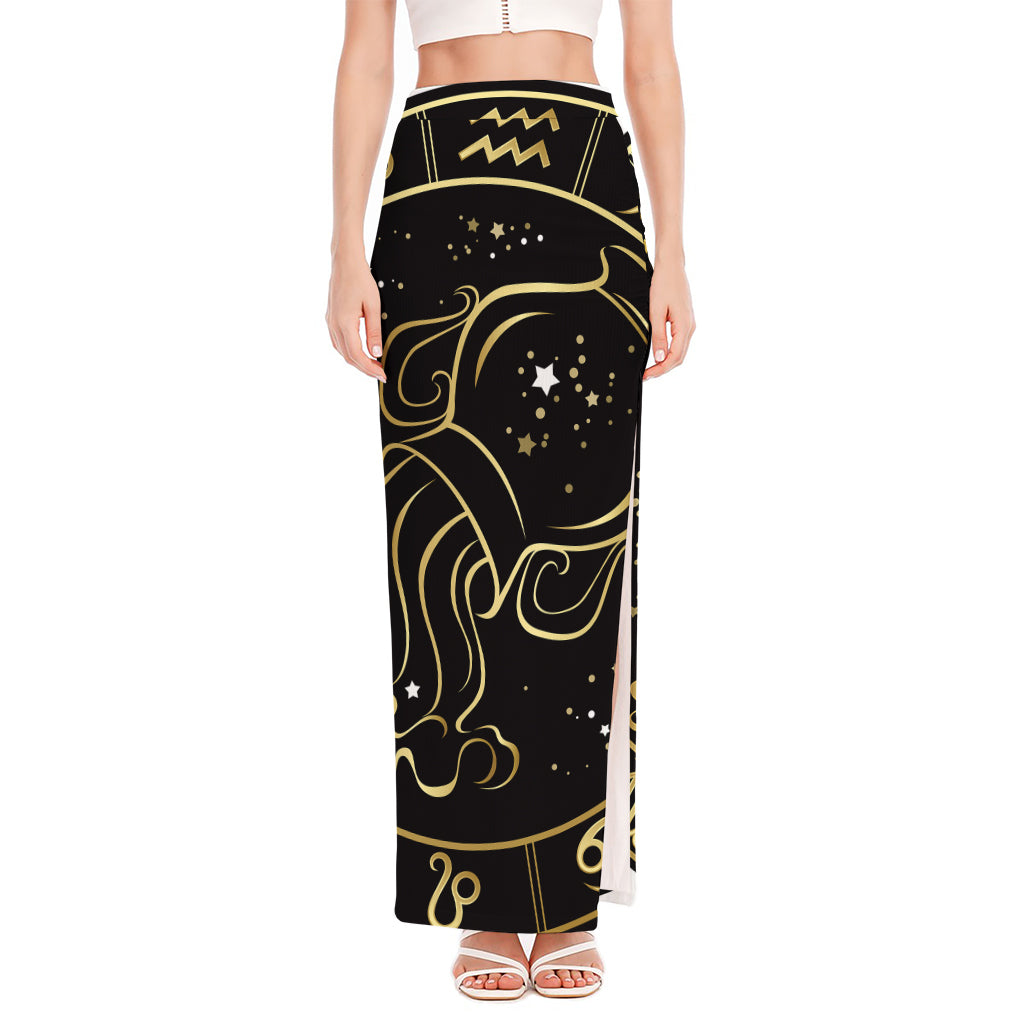 Gold And Black Aquarius Sign Print High Slit Maxi Skirt