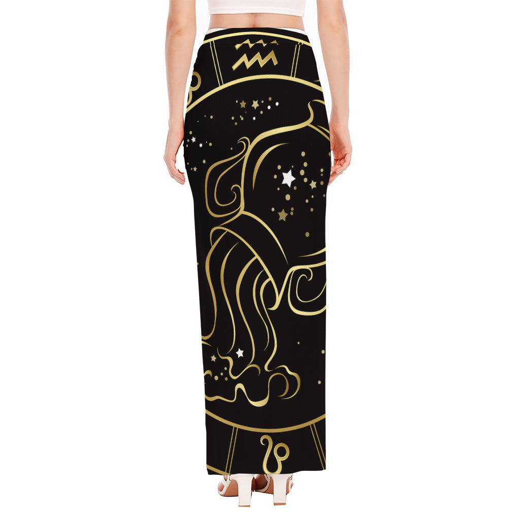Gold And Black Aquarius Sign Print High Slit Maxi Skirt