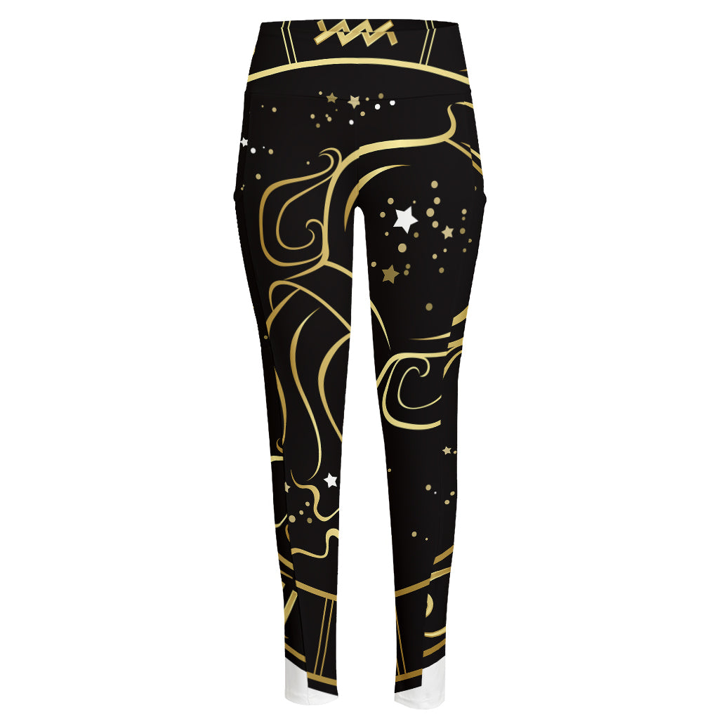 Gold And Black Aquarius Sign Print High-Waisted Pocket Leggings