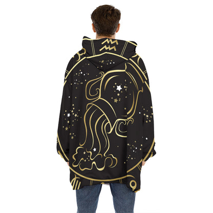 Gold And Black Aquarius Sign Print Hoodie Blanket