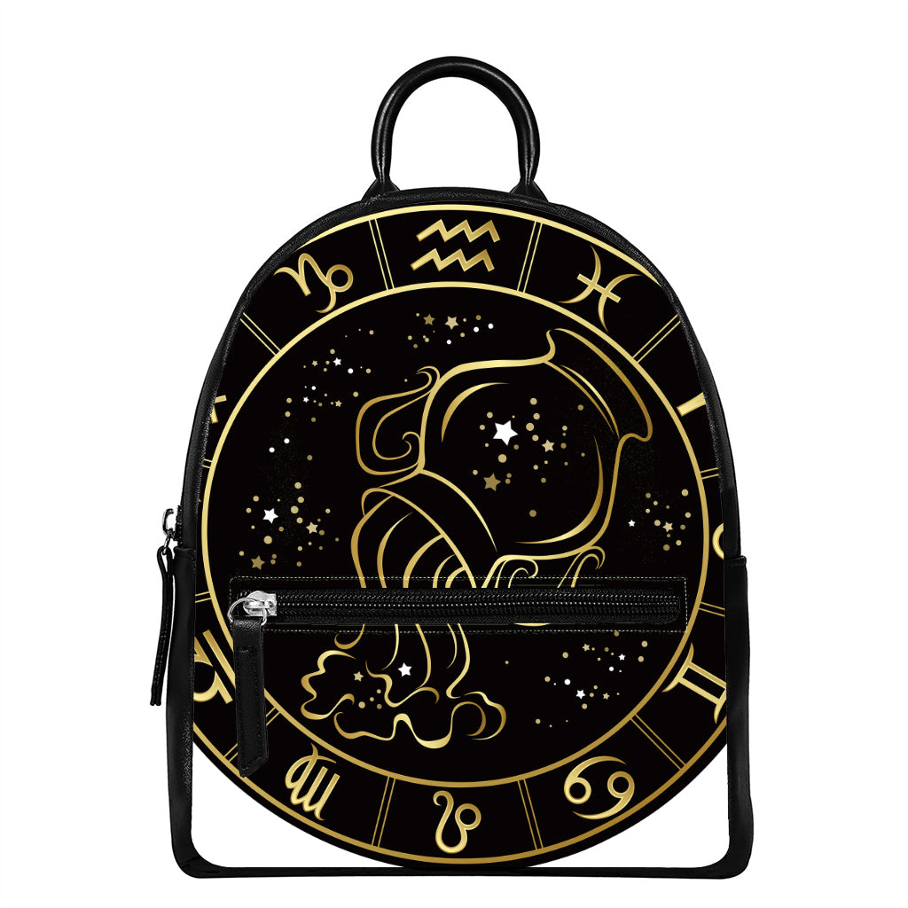Gold And Black Aquarius Sign Print Leather Backpack