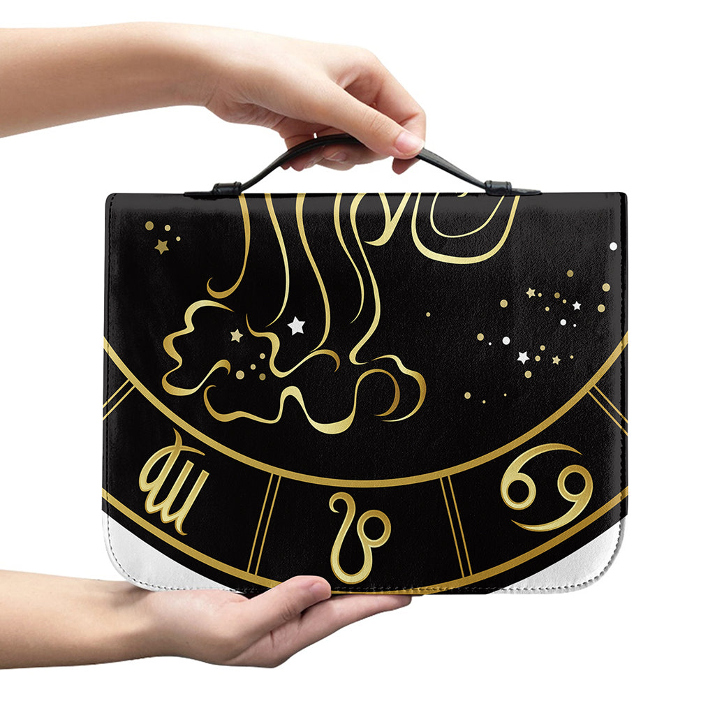 Gold And Black Aquarius Sign Print Leather Bible Cover