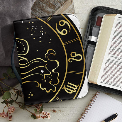 Gold And Black Aquarius Sign Print Leather Bible Cover