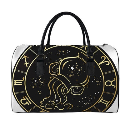 Gold And Black Aquarius Sign Print Leather Duffle Bag