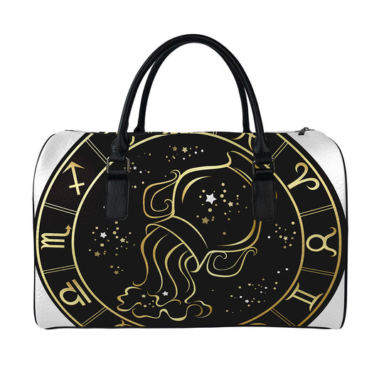 Gold And Black Aquarius Sign Print Leather Duffle Bag