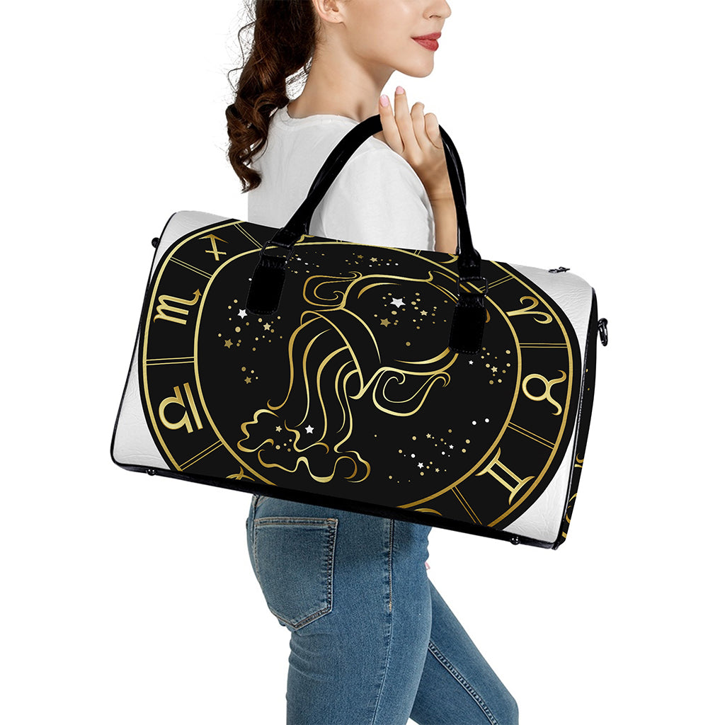 Gold And Black Aquarius Sign Print Leather Duffle Bag