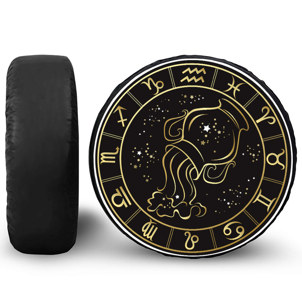 Gold And Black Aquarius Sign Print Leather Spare Tire Cover