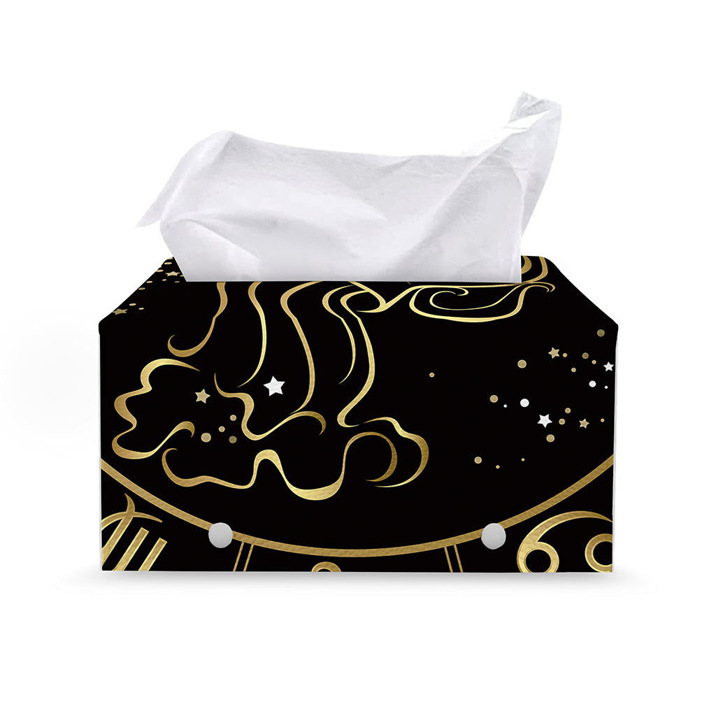 Gold And Black Aquarius Sign Print Leather Tissue Box Cover