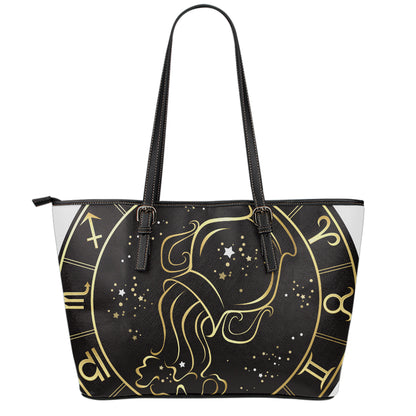 Gold And Black Aquarius Sign Print Leather Tote Bag