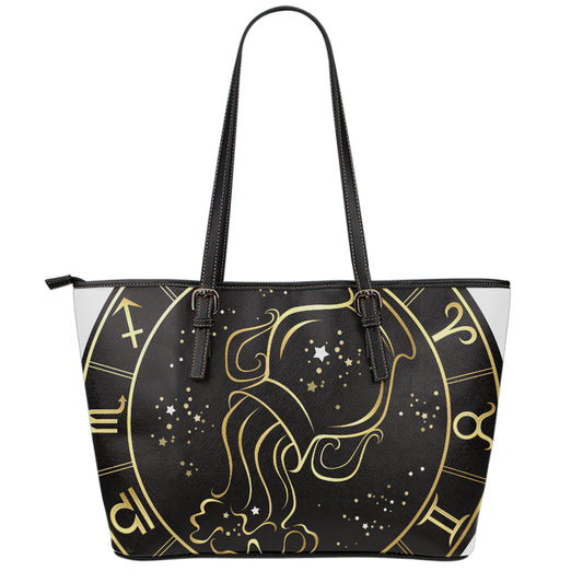 Gold And Black Aquarius Sign Print Leather Tote Bag