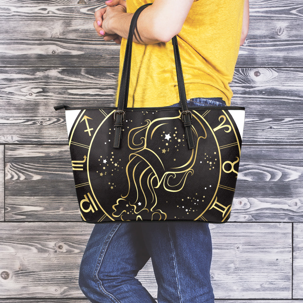 Gold And Black Aquarius Sign Print Leather Tote Bag