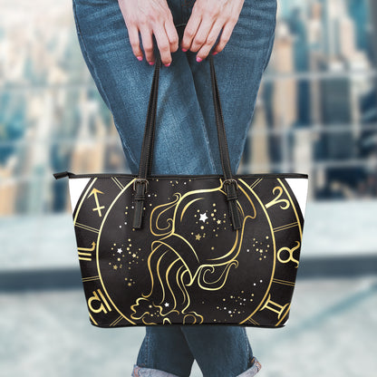 Gold And Black Aquarius Sign Print Leather Tote Bag