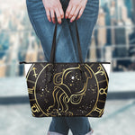 Gold And Black Aquarius Sign Print Leather Tote Bag