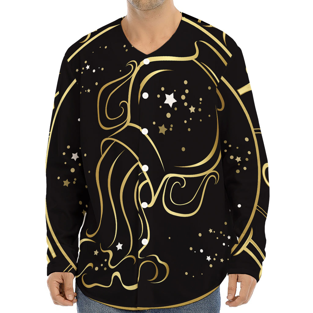 Gold And Black Aquarius Sign Print Long Sleeve Baseball Jersey