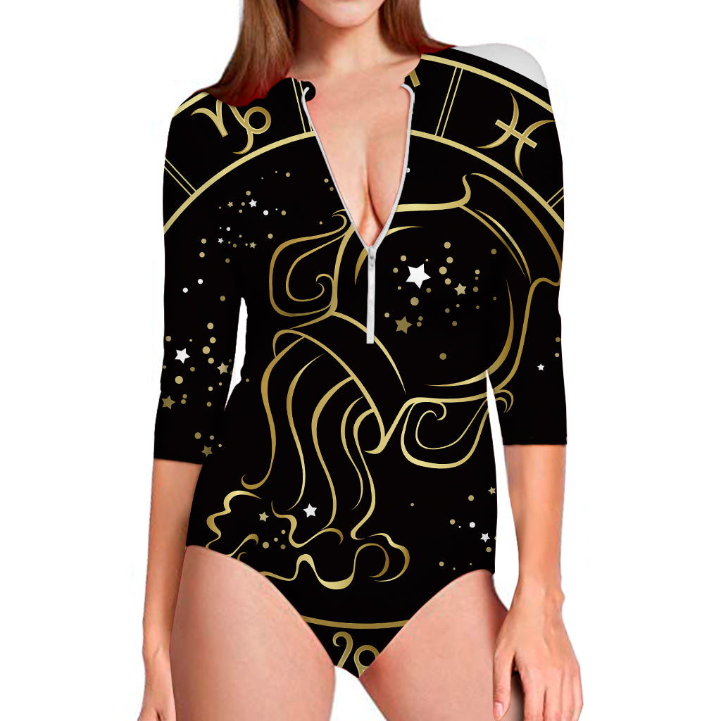Gold And Black Aquarius Sign Print Long Sleeve Swimsuit
