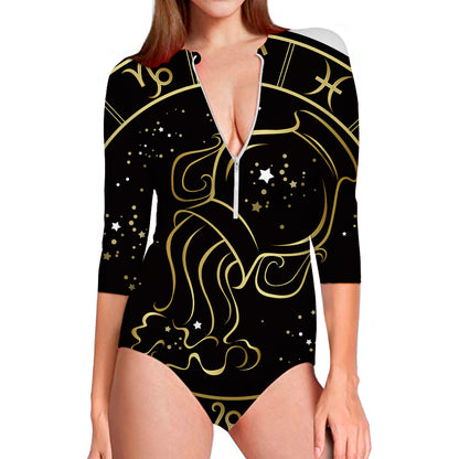 Gold And Black Aquarius Sign Print Long Sleeve Swimsuit