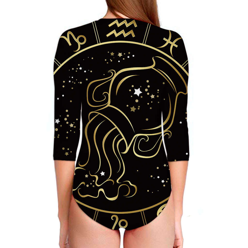 Gold And Black Aquarius Sign Print Long Sleeve Swimsuit