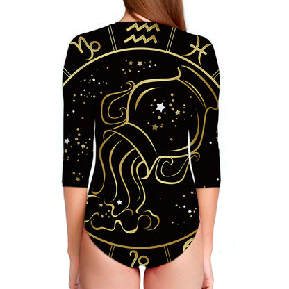 Gold And Black Aquarius Sign Print Long Sleeve Swimsuit