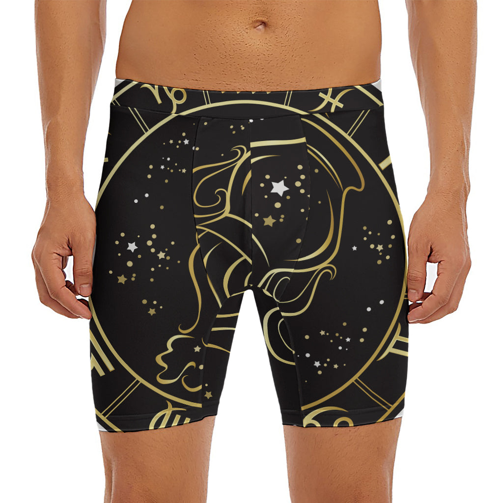 Gold And Black Aquarius Sign Print Men's Long Boxer Briefs