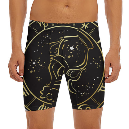 Gold And Black Aquarius Sign Print Men's Long Boxer Briefs