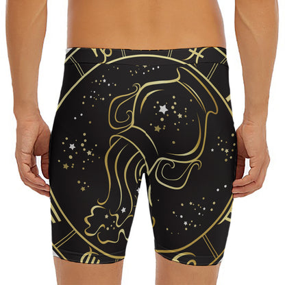 Gold And Black Aquarius Sign Print Men's Long Boxer Briefs