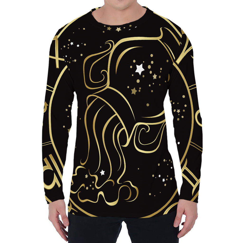 Gold And Black Aquarius Sign Print Men's Long Sleeve T-Shirt