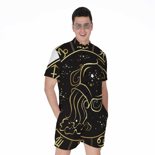 Gold And Black Aquarius Sign Print Men's Rompers