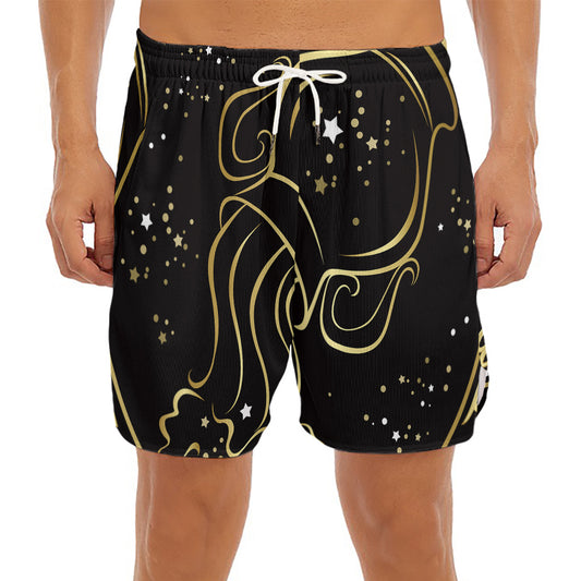 Gold And Black Aquarius Sign Print Men's Split Running Shorts