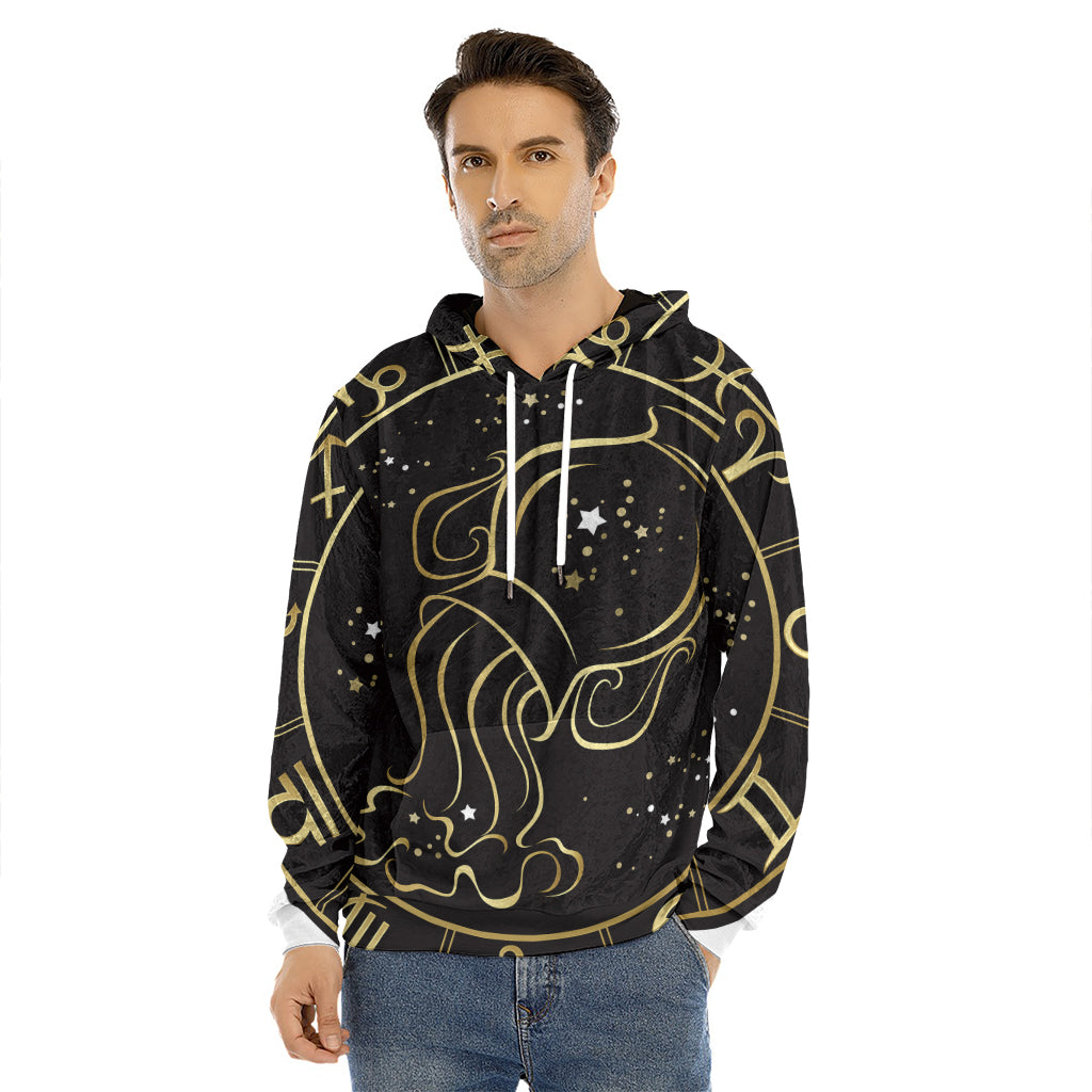 Gold And Black Aquarius Sign Print Men's Velvet Pullover Hoodie
