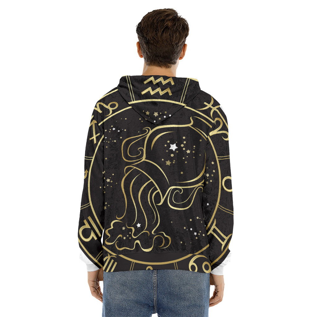 Gold And Black Aquarius Sign Print Men's Velvet Pullover Hoodie