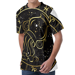 Gold And Black Aquarius Sign Print Men's Velvet T-Shirt