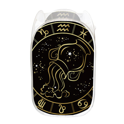Gold And Black Aquarius Sign Print Mesh Laundry Hamper