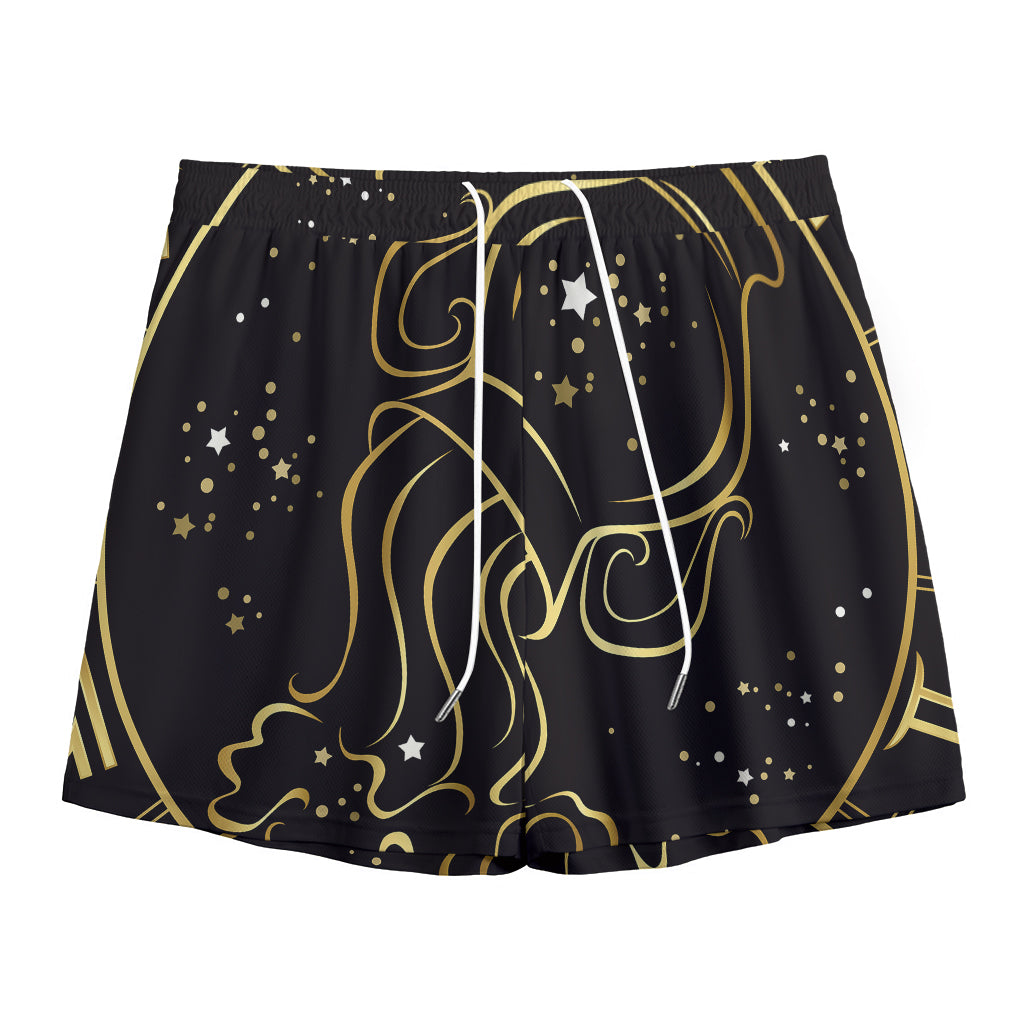 Gold And Black Aquarius Sign Print Mesh Shorts