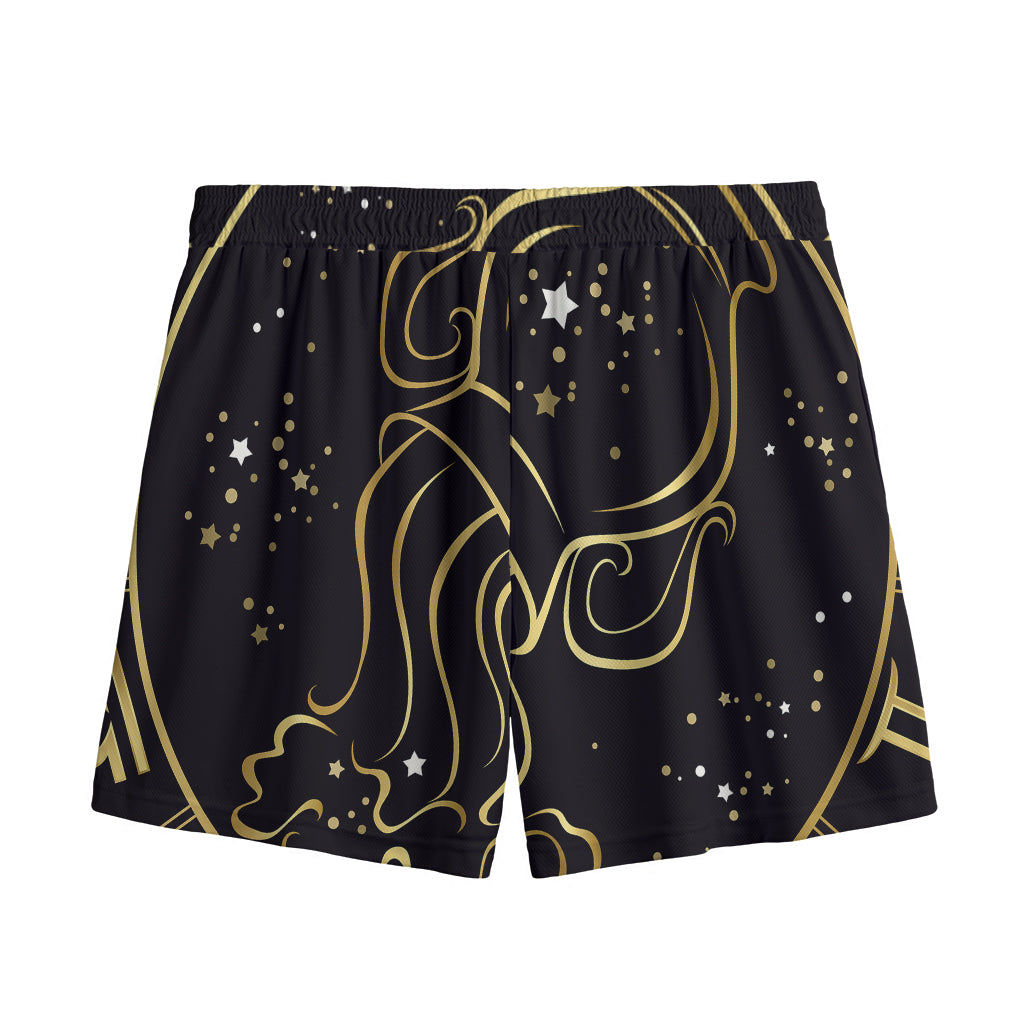 Gold And Black Aquarius Sign Print Mesh Shorts