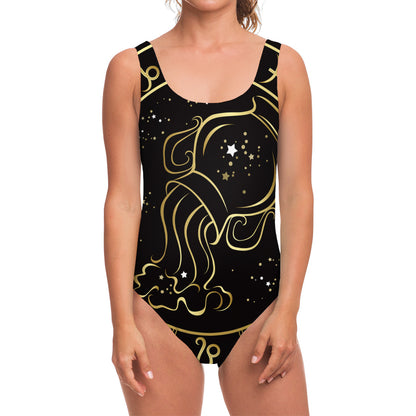 Gold And Black Aquarius Sign Print One Piece Swimsuit