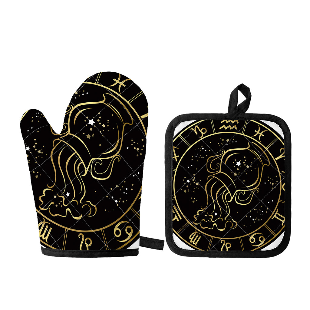 Gold And Black Aquarius Sign Print Oven Mitt And Pot Holder Set